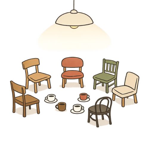 Six empty chairs arranged in a cozy Bangalore café, waiting for a small group to arrive