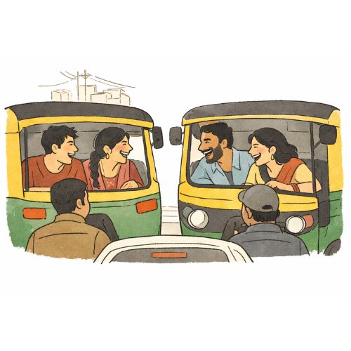 Friends laughing and talking inside a Bangalore auto rickshaw at night